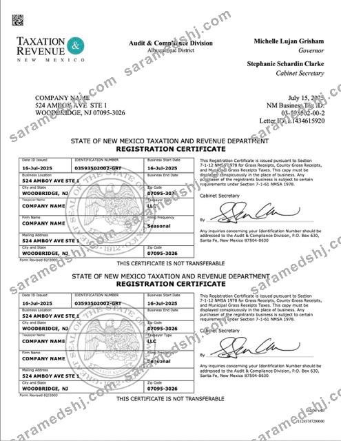 USA New Mexico registration certificate Word and PDF template